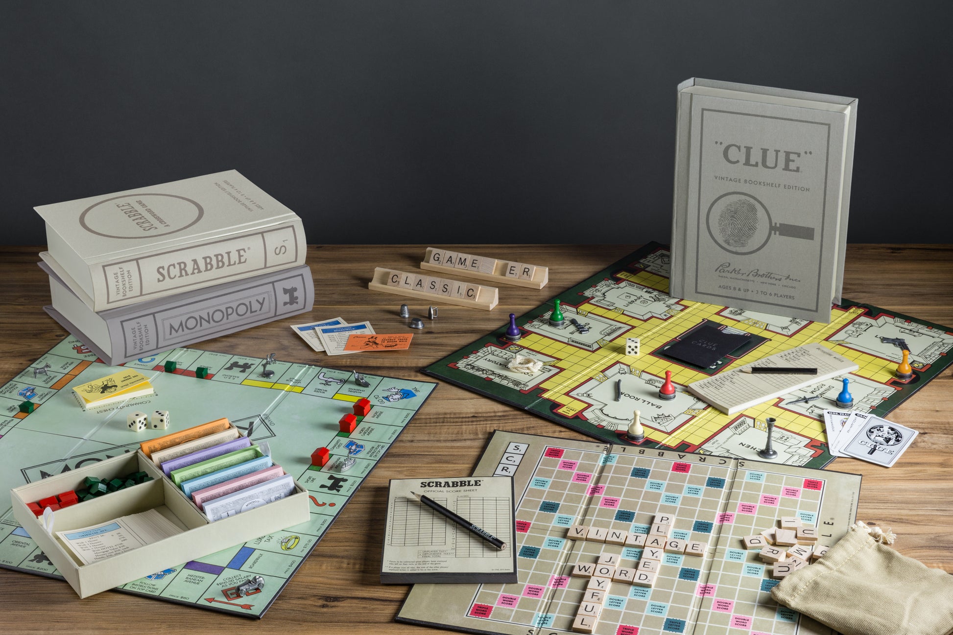 Vintage bookshelf edition juegos de mesa en forma de libro decorativo_scrabble_monopoly_clue