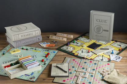 Vintage bookshelf edition juegos de mesa en forma de libro decorativo_scrabble_monopoly_clue